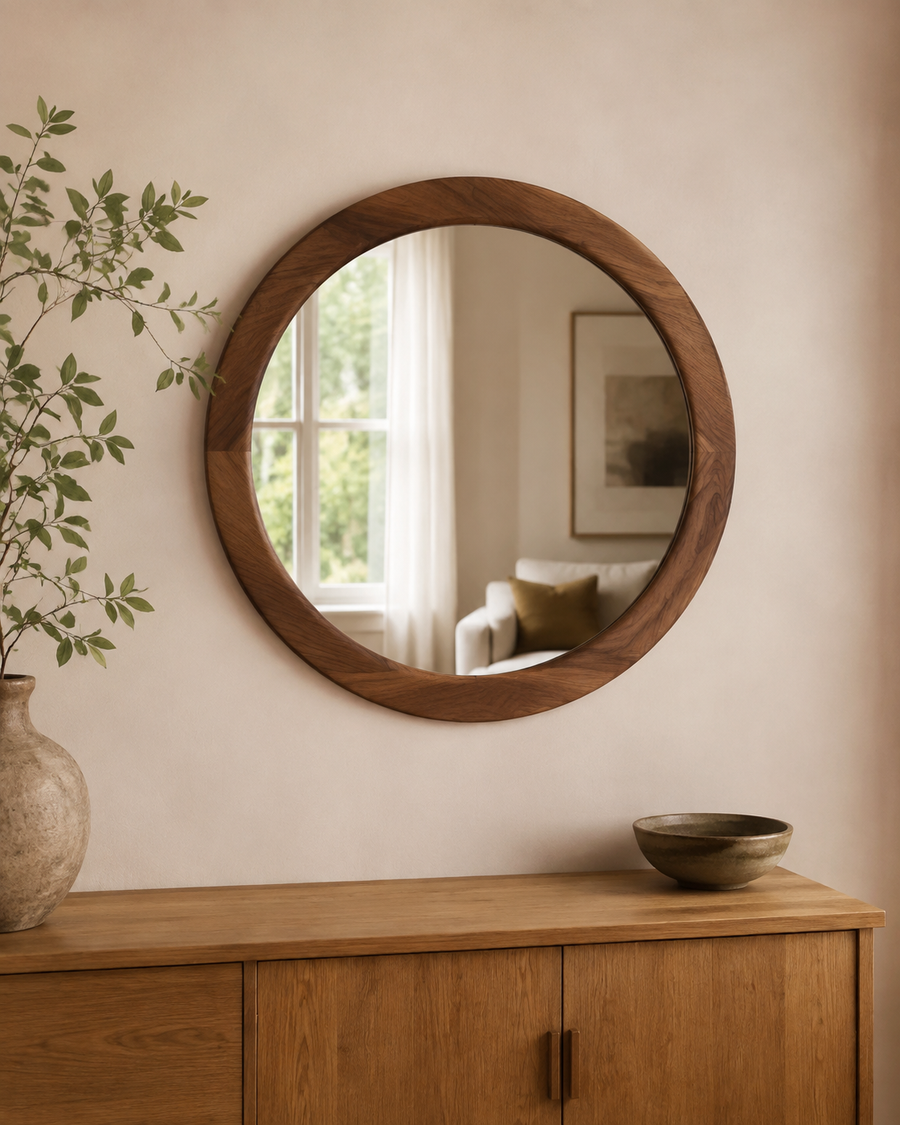 Solenne Walnut Round Mirror